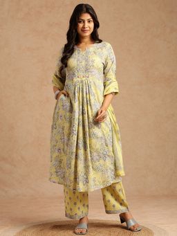 Vbuyz - Yellow Floral A-Line Cotton Stitched Anarkali Kurta And Pant With Dupatta