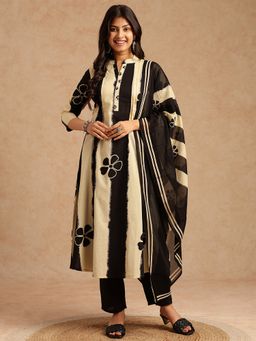 Vbuyz - Black Tie And Dye A-Line Cotton Stitched Anarkali Kurta And Pant With Dupatta