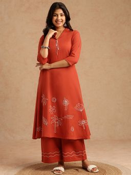 Vbuyz - Women Rust A-Line Khadi Cotton Stitched Kurta And Palazzo