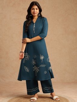 Vbuyz - Women Teal A-Line Khadi Cotton Stitched Kurta And Palazzo