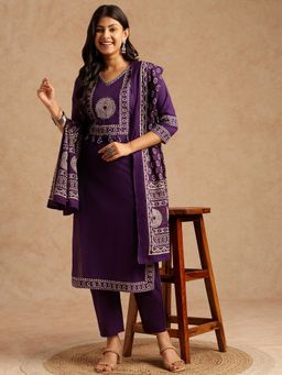 Vbuyz - Women Cotton Stitched Wine Kurta And Pant With Dupatta