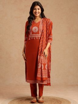 Vbuyz - Women Orange Straight Cotton Stitched Kurta And Pant With Dupatta
