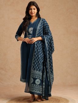 Vbuyz - Women Blue Straight Cotton Stitched Kurta And Pant With Dupatta