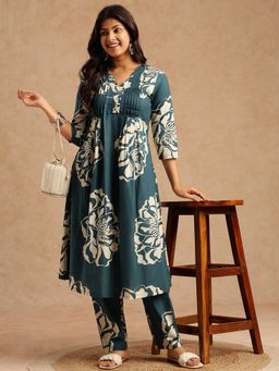Vbuyz - Women Teal Floral A-Line Cotton Stitched Co-Ord Set
