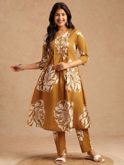 Vbuyz - Women Yellow Floral A-Line Cotton Stitched Co-Ord Set