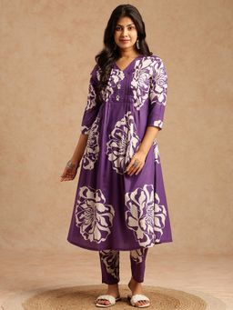 Vbuyz - Women Purple Floral A-Line Cotton Stitched Co-Ord Set