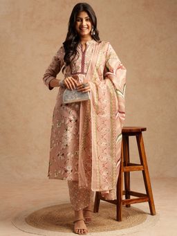 Vbuyz - Women Peach Floral Straight Cotton Stitched Kurta And Pant With Dupatta