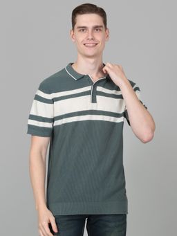 Cantabil - Men Striped Green Half Sleeve Polo Neck Casual T-Shirt