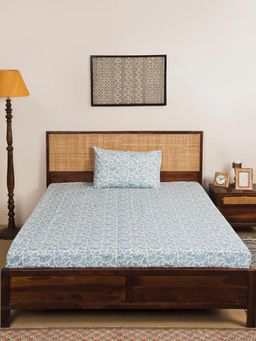 Fabindia - Blue Shahzaib Cotton Hand Block Printed Single Bedsheet with 1 Pillow Cover