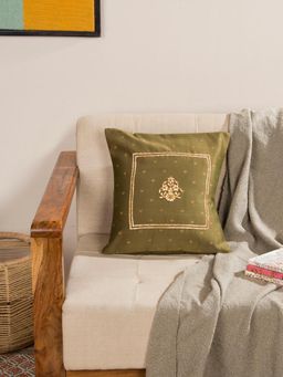 Fabindia - Green Anar Cotton Silk Embroidered Cushion Cover (16x16 Inches)