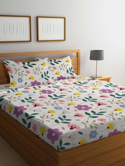 FABINALIV - Multicolor Floral 210 TC Cotton Blend Super King Size Double Bedsheet with 2 Pillow Covers