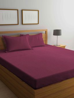 FABINALIV - Maroon Striped 300 TC Cotton Blend Super King Size Double Bedsheet with 2 Pillow Covers