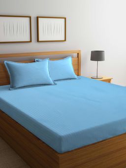 FABINALIV - Sky Blue Striped 300 TC Cotton Blend Super King Size Double Bedsheet with 2 Pillow Covers