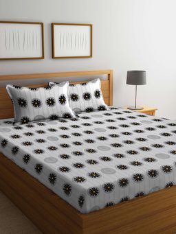 FABINALIV - Grey Floral 300 TC Cotton Blend Super King Size Double Bedsheet with 2 Pillow Covers