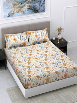 FABINALIV - Multicolor Floral 300 TC Cotton Blend Super King Size Double Bedsheet with 2 Pillow Covers
