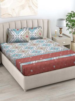 FABINALIV - Multicolor Ethnic 300 TC Cotton Blend Super King Size Double Bedsheet with 2 Pillow Covers