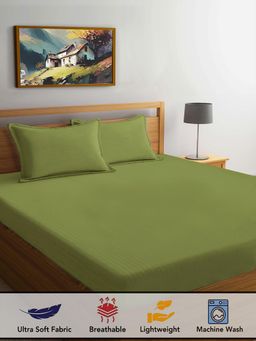 FABINALIV - Olive Striped 300 TC Cotton Blend Super King Size Double Bedsheet with 2 Pillow Covers