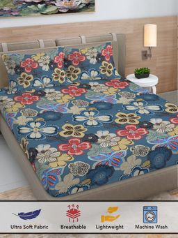 FABINALIV - Multicolor Floral 300 TC Cotton Blend Super King Size Double Bedsheet with 2 Pillow Covers