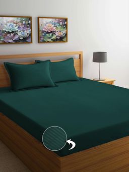 FABINALIV - Dark Green Striped Cotton Blend Super King Size Double Bedsheet with 2 Pillow Covers