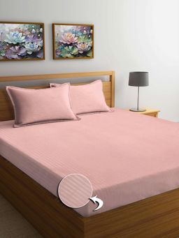 FABINALIV - Peach Striped 300 TC Cotton Blend Super King Size Double Bedsheet with 2 Pillow Covers