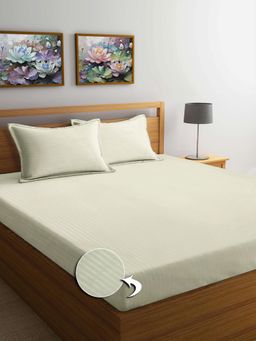FABINALIV - Cream Striped 300 TC Cotton Blend Super King Size Double Bedsheet with 2 Pillow Covers