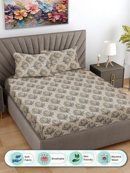 FABINALIV - Beige Floral 300 TC Cotton Blend Super King Size Double Bedsheet with 2 Pillow Covers