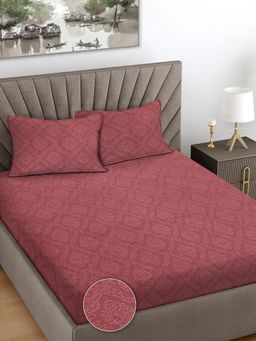 FABINALIV - Maroon Ethnic 300 TC Cotton Blend Embossed Super King Bedsheet with 2 Pillow Covers