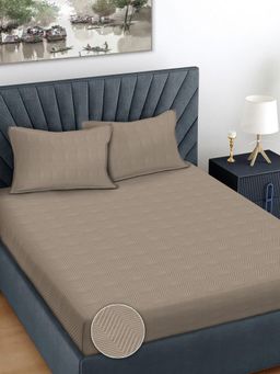 FABINALIV - Beige Abstract 300 TC Cotton Blend Embossed Super King Bedsheet with 2 Pillow Covers
