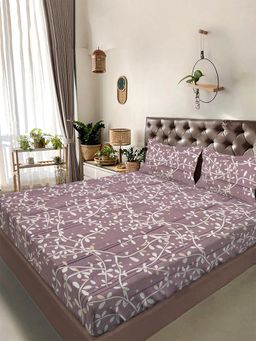FABINALIV - Rust Floral 300 TC Cotton Blend Super King Bedsheet with 2 Pillow Covers