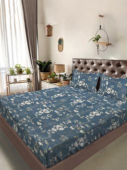 FABINALIV - Dark Grey Floral 300 TC Cotton Blend Super King Bedsheet with 2 Pillow Covers