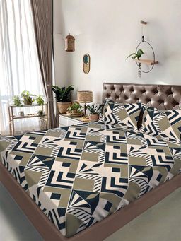FABINALIV - Multicolor Geometric 300 TC Cotton Blend Super King Bedsheet with 2 Pillow Covers