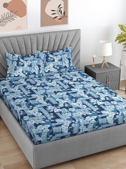 FABINALIV - Blue Floral 300 TC Cotton Blend Super King Bedsheet with 2 Pillow Covers