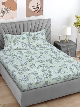 FABINALIV - Green Floral 300 TC Cotton Blend Super King Bedsheet with 2 Pillow Covers
