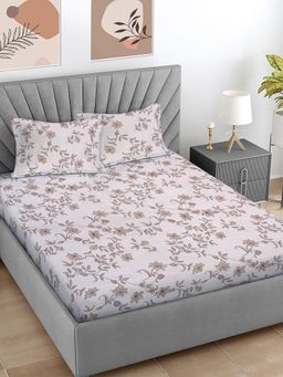 FABINALIV - Beige Floral 300 TC Cotton Blend Super King Bedsheet with 2 Pillow Covers