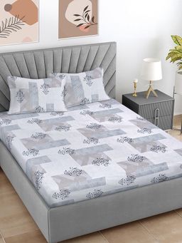 FABINALIV - Grey Geometric 300 TC Cotton Blend Super King Bedsheet with 2 Pillow Covers