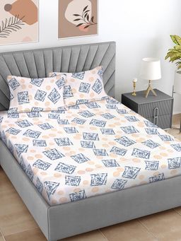FABINALIV - Cream Geometric 300 TC Cotton Blend Super King Bedsheet with 2 Pillow Covers