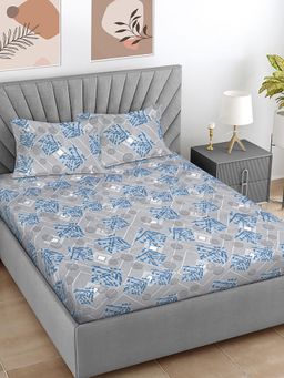 FABINALIV - Grey Geometric 300 TC Cotton Blend Super King Bedsheet with 2 Pillow Covers