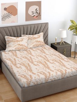 FABINALIV - Beige Floral 300 TC Cotton Blend Super King Bedsheet with 2 Pillow Covers