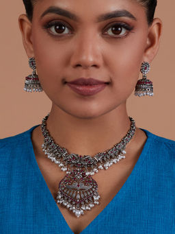 Azai by Nykaa Fashion - Pink and Silver Oxidised Necklace and Earrings Temple Jewellery Set of 2