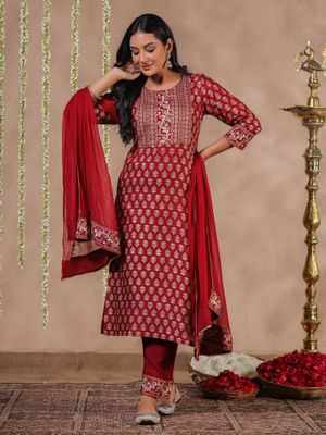 ANUBHUTEE Women's Cotton Printed Kurta Set With Palazzos & Dupatta - Ethnic Motifs (Pink, Size XXL)