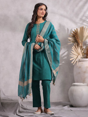 Anubhutee Peacock Blue Kurta Set with Golden Traditional Motifs main image 0