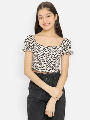Natilene Girls Abstract Printed Off-Shoulder Puff Sleeves Bardot Crop Top