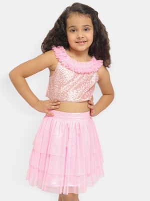 Nautinati Girls Self Design Hooded Bunny Rabbit Applique Top With Skirt
