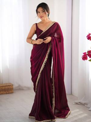 Buy Sareemall Women Satin Magenta Embellished Designer Saree - Image 1