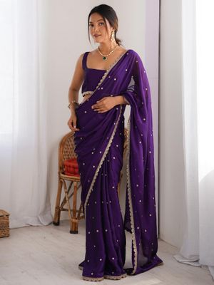 Purple Embellished Silk Blend Saree With Unstitched Blouse Piece