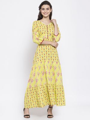 Indibelle Cotton Abstract Print A-Line Dress (Peach)