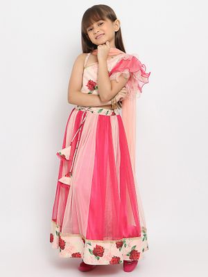 Nautinati Girls' Georgette Blend Ready-to-wear All-over Gold Toned Foil Print Lehenga & Blouse with Net Dupatta