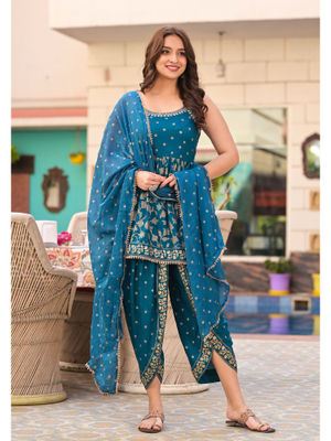 Girls Floral Embroidered Velvet Kurta With Dhoti Pants & Dupatta