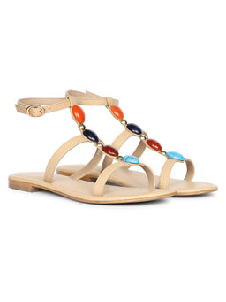 Saint G - Women Multi Stone Beige Leather Flat Sandals