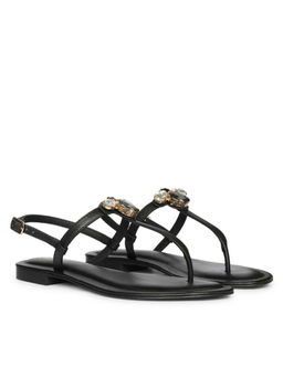 Saint G - Women Stone Embellished Black Leather Sandals